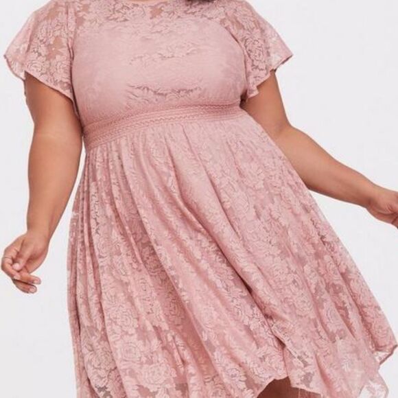 Torrid Midi Lace fabric Handkerchief dusty Rose Dress Stretch crochet waist SZ1 - Picture 1 of 15